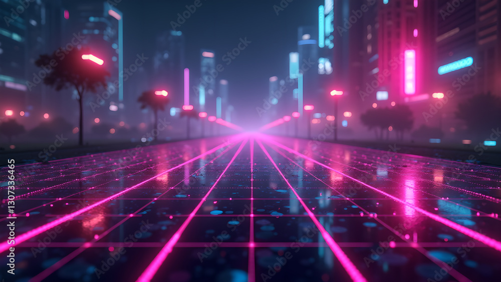 Fototapeta premium Futuristic Cyberpunk Cityscape with Neon Grids