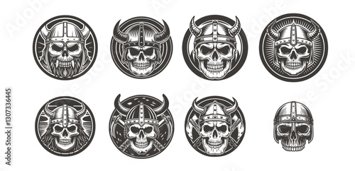 Viking skull wearing a traditional helmet with horns. Ideal for Norse mythology, fantasy designs, tattoo art, and medieval-themed creative projects or merchandise.