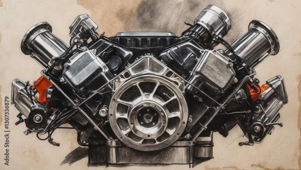 Engine drawing. Metal car motor with shiny parts, orange accents. Pencil sketch on paper background showing machine details. Engine drawing. Metal car motor with shiny parts, orange accents. Pencil sketch on paper background showing machine details.