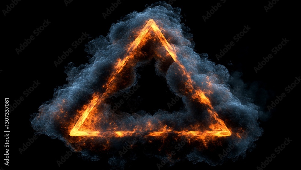 Fiery triangle frame engulfed in dark smoke against a black background. Fiery triangle frame engulfed in dark smoke against a black background.