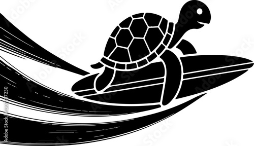 Turtle Surf Art Silhouette for Unique Designs : Ocean adventure captured in a timeless surfing turtle illustration, perfect for surf and nature lovers.