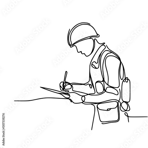 Minimalistic linear contour vector drawing of a soldier in a helmet writing a letter home on paper