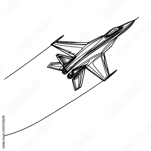 A linear, simple vector outline drawing of a modern fighter jet in flight, rendered in bold, continuous lines to highlight its aerodynamic shape.