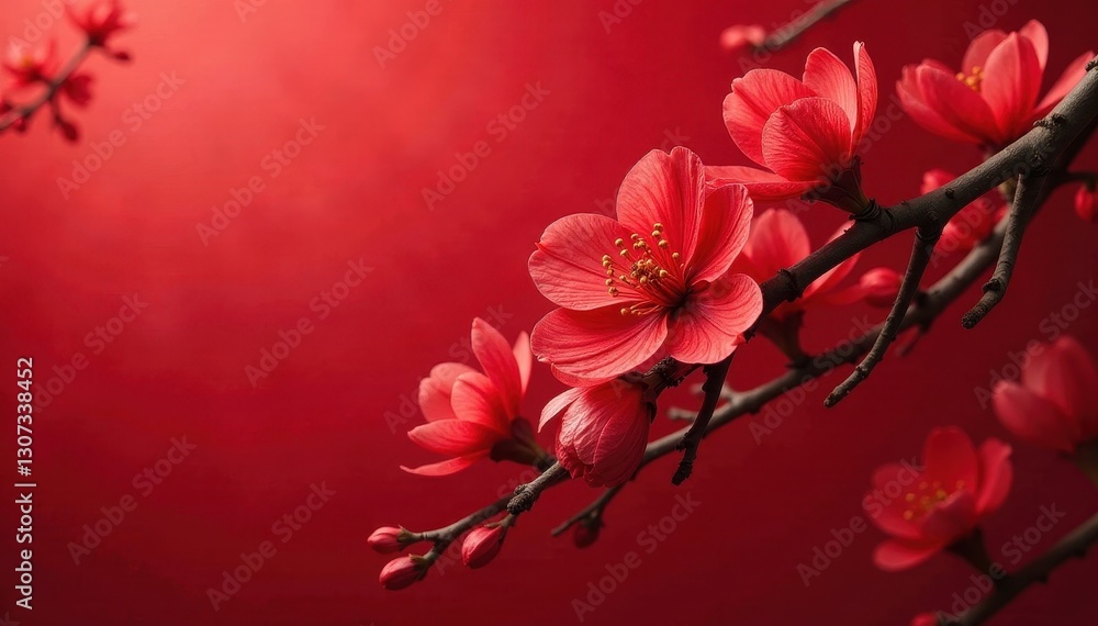 Fototapeta premium Intense red blossoms against a matching red canvas , nature, painting