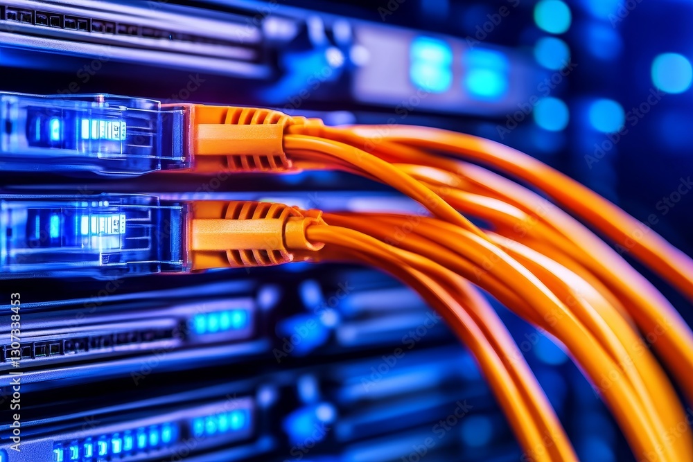 Network Cable Connections Close Up - High-speed internet, data transfer, server infrastructure, connectivity, technological advancement. The symbolizes the power and speed of modern networking Network Cable Connections Close Up - High-speed internet, data transfer, server infrastructure, connectivity, technological advancement. The symbolizes the power and speed of modern networking