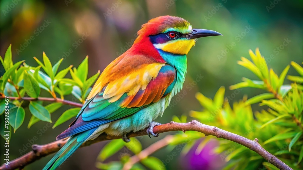 Obraz premium Vibrant bird species with iridescent feathers perched on a sturdy branch of a lush green tree with intricate foliage and gnarled trunk, colorful, wildlife