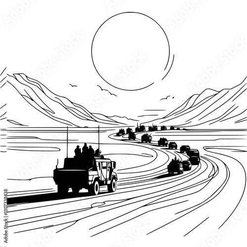 A simple vecton one-line illustration of a convoy of black military vehicles and soldiers following a winding road in the mountains