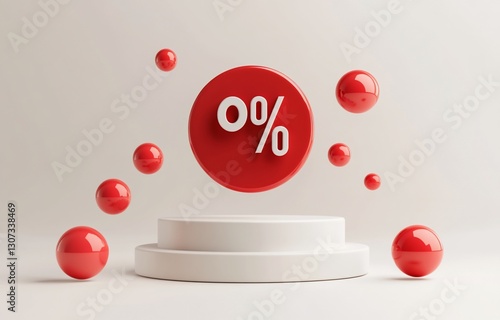 Red zero percent symbol on a white platform with red spheres.