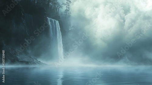A majestic waterfall cascades into tranquil water within a scenic landscape