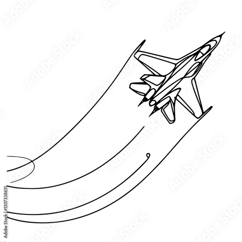 Linear simple contour vector drawing of a fighter jet in flight with a long trail creating the effect of movement and speed.