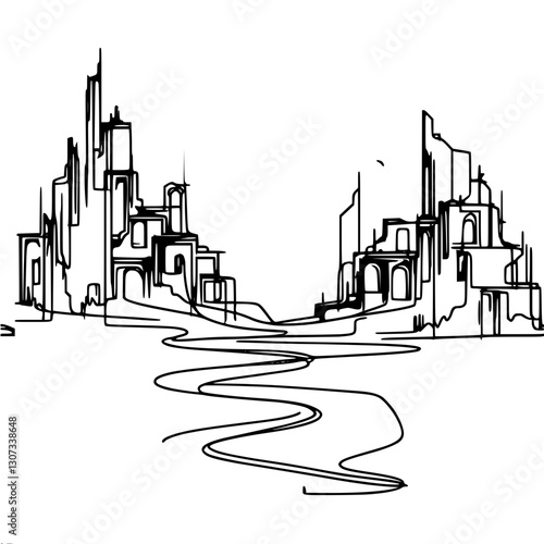 Abstract black and white image of a destroyed city and a path into it, creating an atmosphere of war, minimalism, single line contour simple vector