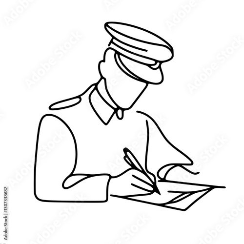 Minimalistic linear contour vector drawing of a military man in uniform with a cap writing on paper. Conveys rigor and conciseness.