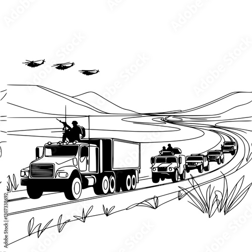 A simple vecton one-line illustration of a convoy of military vehicles following a winding road through a mountainous landscape with three helicopters in the sky