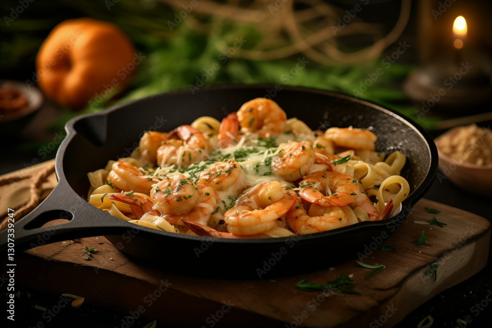 Plate with shrimp pasta. Italian seafood fettuccine with prawns, garlic and cheese, delicious restaurant meal. Fresh spaghetti with shrimp and sauce Plate with shrimp pasta. Italian seafood fettuccine with prawns, garlic and cheese, delicious restaurant meal. Fresh spaghetti with shrimp and sauce
