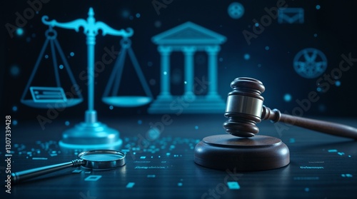 Futuristic Digital Law Concept with Holographic Legal Icons and Judge's Gavel