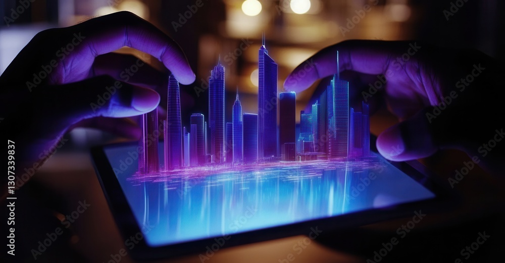 Fototapeta premium Futuristic cityscape interface with hands interacting on a digital tablet, displaying a holographic urban design. Digital transformation.