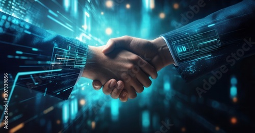 A futuristic handshake embodies a modern business deal, enhanced with digital overlays suggesting technology and innovation.