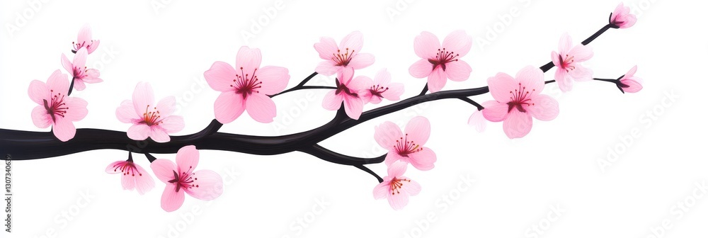 Naklejka premium Pink Cherry Blossom Branch - Delicate pink cherry blossoms on a dark branch, isolated on a white background. Perfect for spring themes