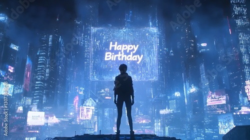 A cinematic futuristic cityscape with towering skyscrapers and a giant illuminated screen displaying the  Happy Birthday  message creating a dramatic and celebratory atmosphere