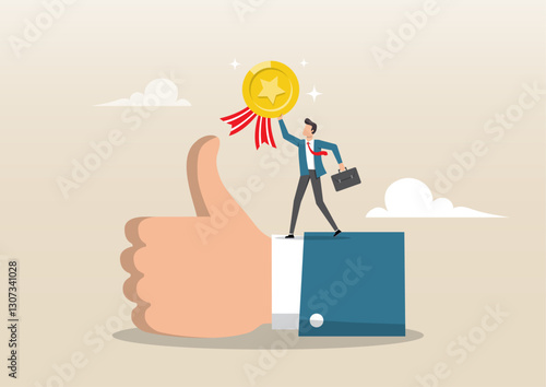 success businessman manager celebrating employee award on big thumb up symbol