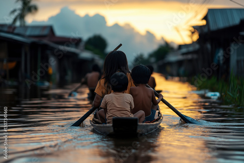 Children's resilience amidst flooding: A sunset journey on a river through a village photo