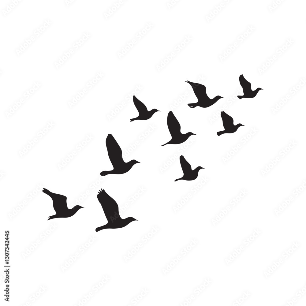 Flying birds silhouettes on white background. Vector illustration. isolated bird flying. tattoo design. Flying birds silhouettes on white background. Vector illustration. isolated bird flying. tattoo design.