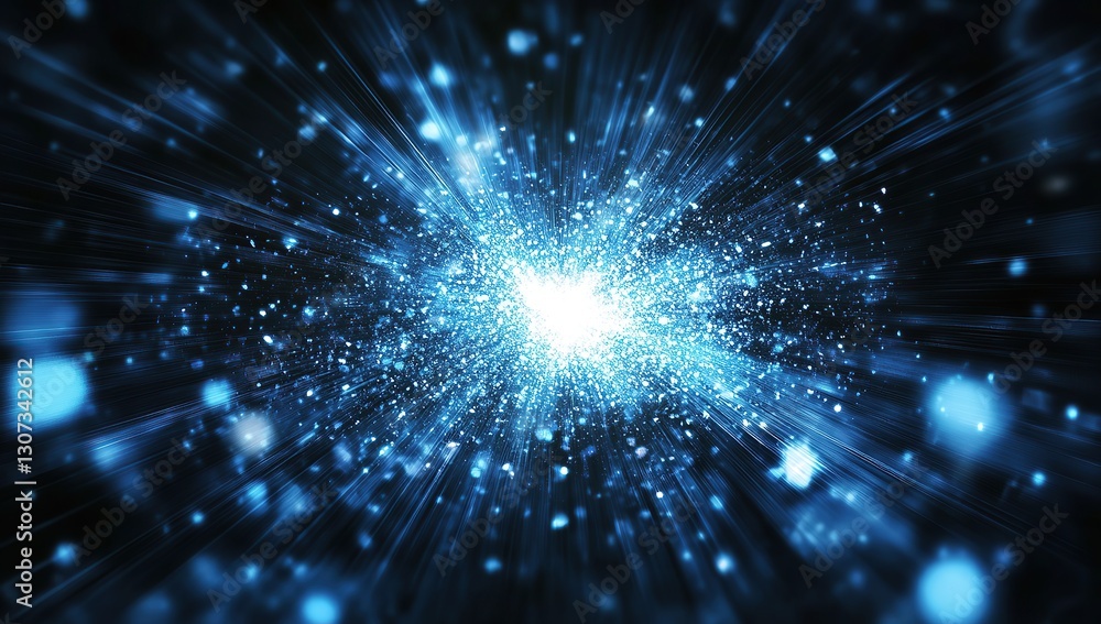 Abstract black background with white and blue shapes, 3D explosion effect, broken glass fragments Abstract black background with white and blue shapes, 3D explosion effect, broken glass fragments