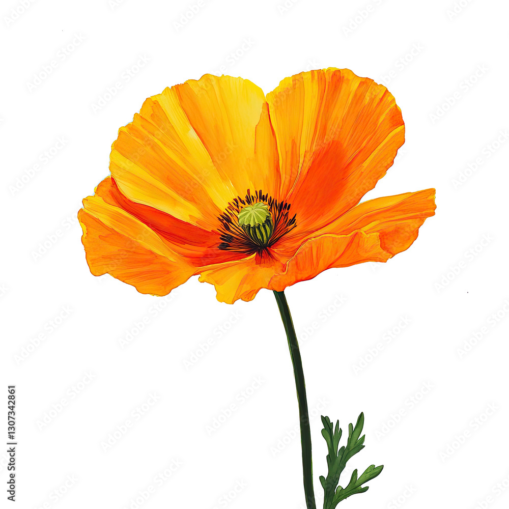 PNG orange poppy flower with delicate petals and realistic botanical illustration