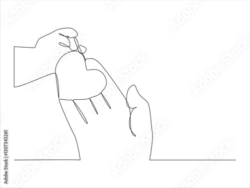 Continuous One line drawing of children giving love heart shaped to mother or father. Mom and dad loving care parenting concept. 