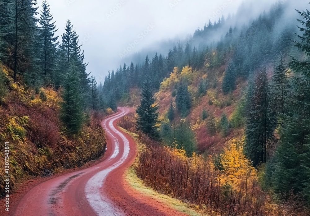 Winding red dirt road through autumnal forest, misty mountains. Winding red dirt road through autumnal forest, misty mountains.