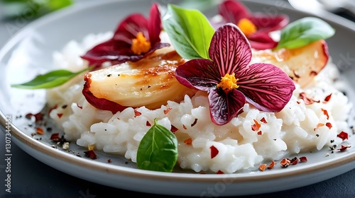 Exquisitely Plated Radicchio Risotto with Rich Creamy Texture and Vibrant Purple Hues   A Delightful Gourmet Dish Showcasing the Beauty and Flavors of Italian Cuisine photo