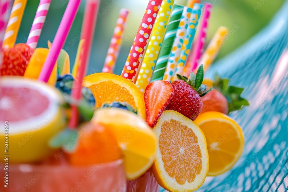 Fototapeta premium Colorful citrus and berry fruit arrangement with straws