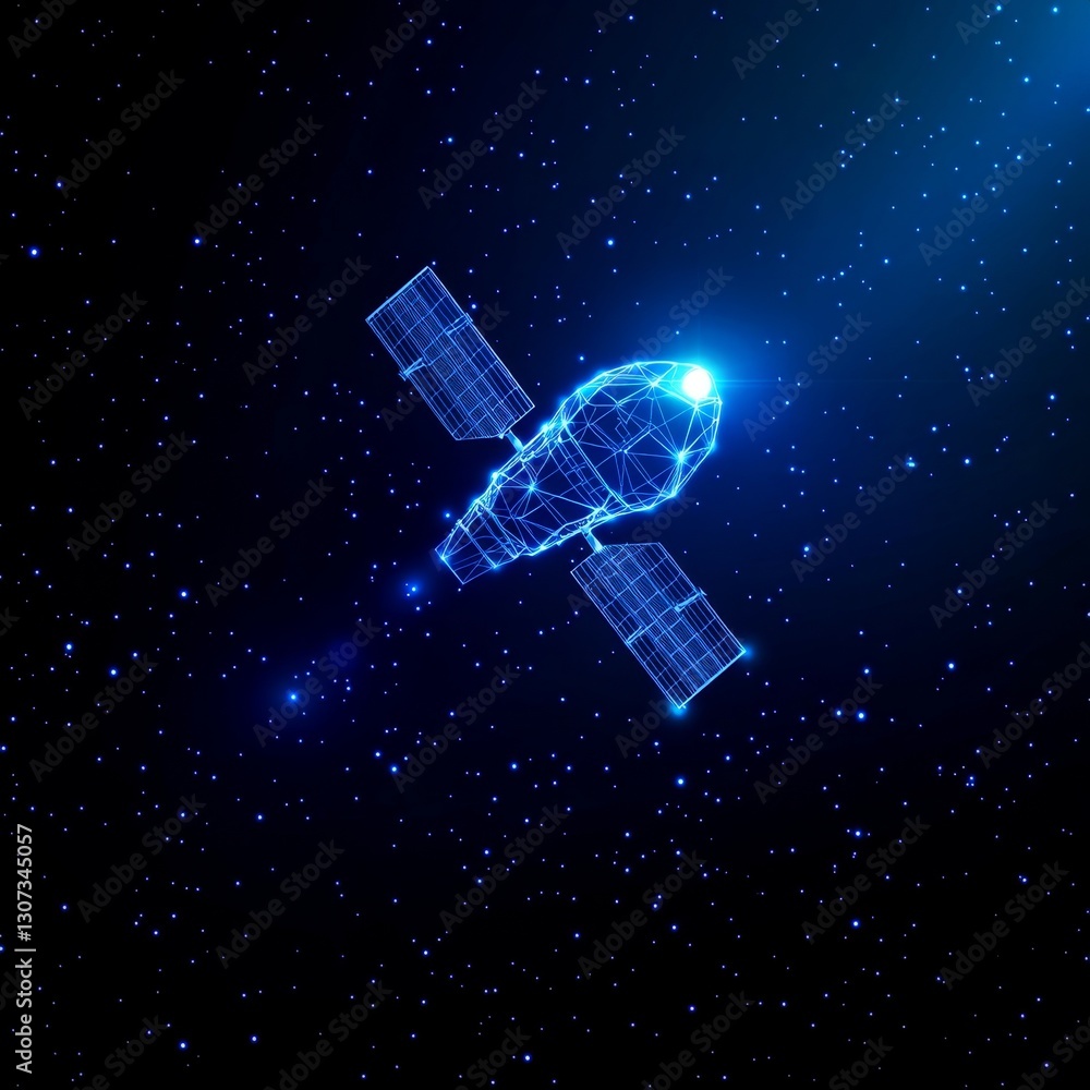 Satellite in Deep Space - A glowing blue satellite, in a low-poly , floats amidst a field of stars in deep space