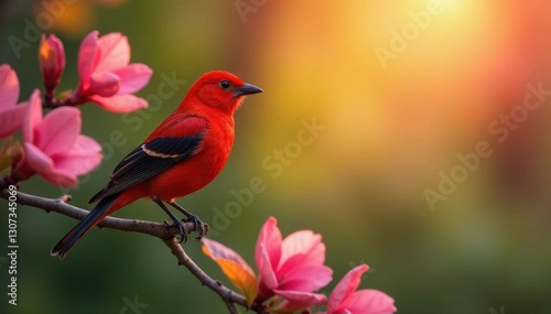 Scarlet tanager, pink dogwood blooms, sunrise, spring, garden, outdoors