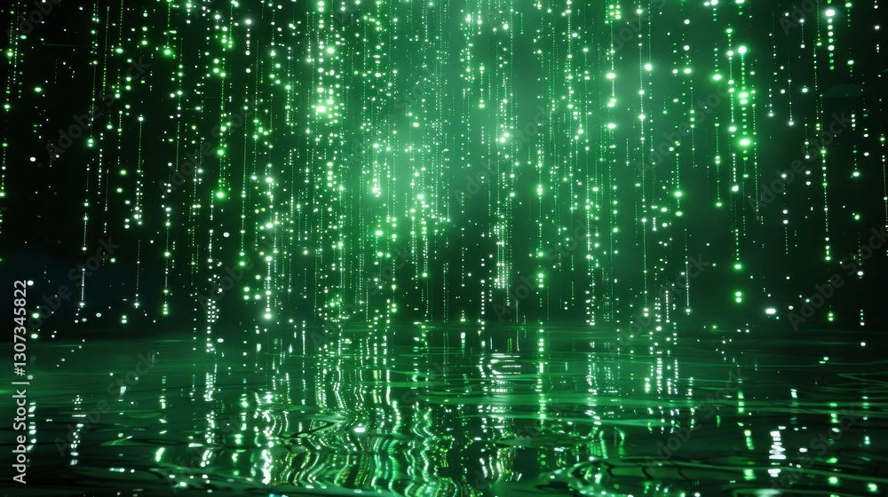 Obraz premium Green Sparkling Particles Falling on Reflective Surface