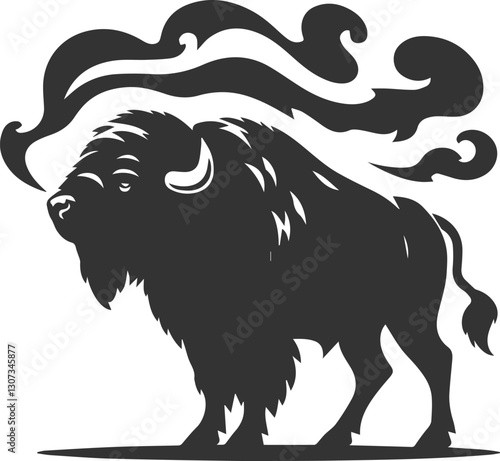 Buffalo standing tall, snorting with steam from nostrils animal vector silhouette