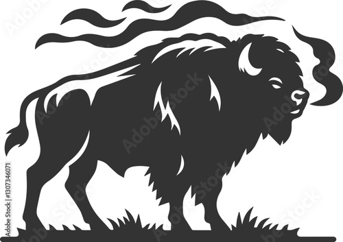 Buffalo standing tall, snorting with steam from nostrils animal vector silhouette
