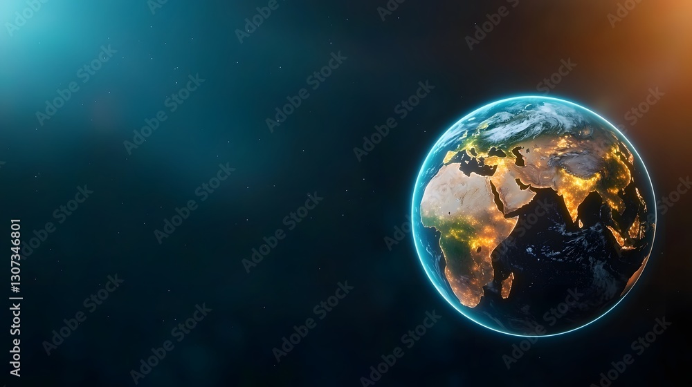 Fototapeta premium Holographic Earth Sketched in Bright Neon Lines Floating in a Futuristic Digital Classroom Augmented Reality Education Concept Visualization for the Future of Learning and Teaching