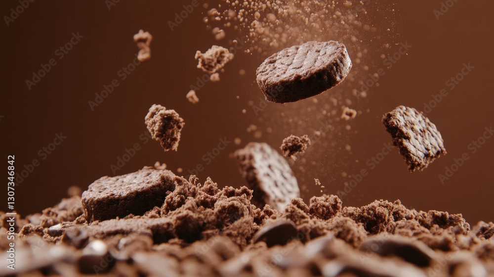 Flying Chocolate Cookies and Crumbs in Motion Flying Chocolate Cookies and Crumbs in Motion