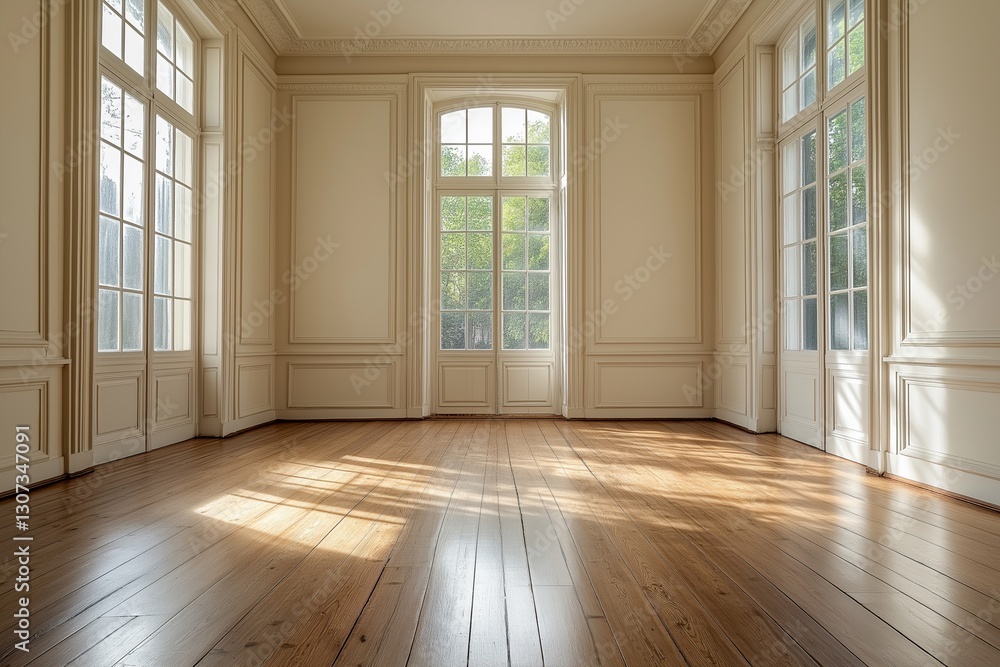 A spacious room featuring large windows that fill the area with natural light, highlighting the warm wooden floors and elegant architectural details in a tranquil setting. A spacious room featuring large windows that fill the area with natural light, highlighting the warm wooden floors and elegant architectural details in a tranquil setting.