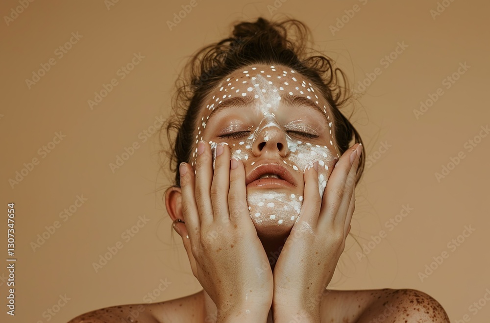 Fototapeta premium Woman touching her face with decorative pearls in beauty concept