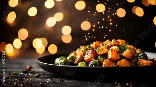 Appetizing dish of roasted sweet potatoes and brussels sprouts with a drizzle of sweet maple glaze presented on a dark plate against a bokeh background  This colorful