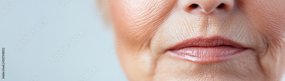 Fototapeta premium Soft golden light illuminates the delicate lines of an elderly woman's lips, enhancing their healthy pink tint. The organic beauty aesthetic embraces natural aging gracefully