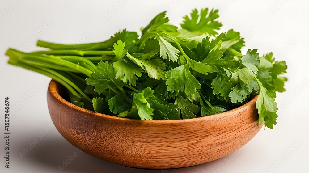 Organic coriander leaves beautifully arranged in a handcrafted wooden bowl set against a neutral white background for a minimalist yet vibrant food photography scene The fresh Organic coriander leaves beautifully arranged in a handcrafted wooden bowl set against a neutral white background for a minimalist yet vibrant food photography scene The fresh