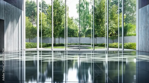 Modern architectural space with large glass walls showcasing lush greenery and reflective flooring in natural light