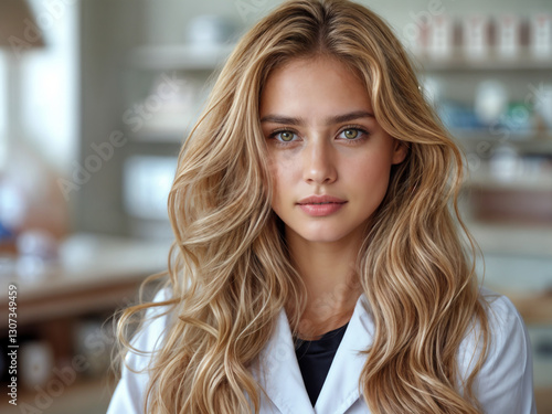 Portrait of a young female pharmacist or doctor in a professional white coat with long blonde hair, smiling in a modern medical or pharmacy setting. photo