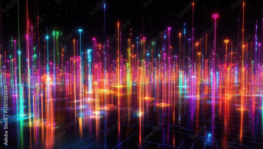 Abstract digital landscape with vibrant colorful beams of light emanating from the ground, creating a cosmic and futuristic atmosphere Abstract digital landscape with vibrant colorful beams of light emanating from the ground, creating a cosmic and futuristic atmosphere