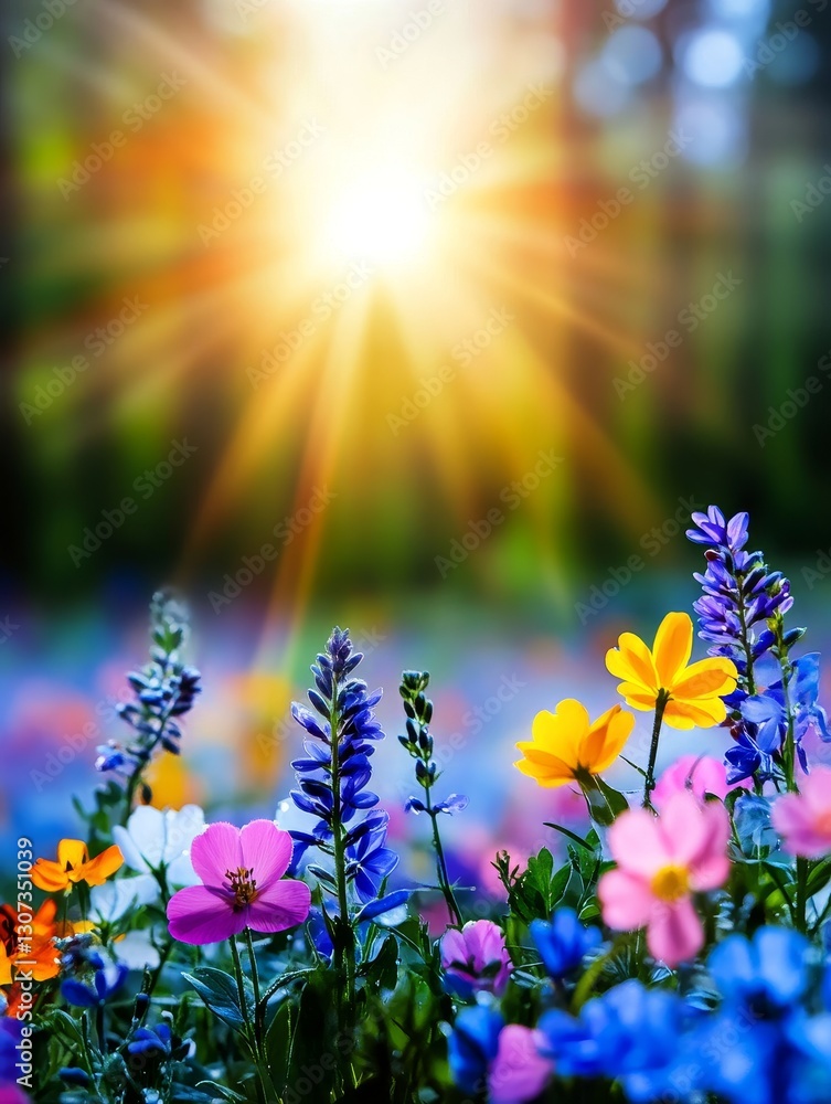 Fototapeta premium Sunlit Meadow Wildflowers - Vibrant wildflowers bathed in sunlight, symbolizing nature's beauty, joy, growth, hope, and tranquility