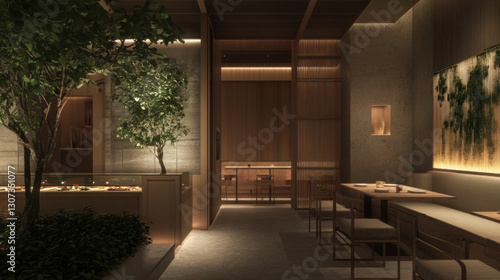 A high-end, contemporary vegetarian restaurant with a minimalist yet nature-inspired ambiance