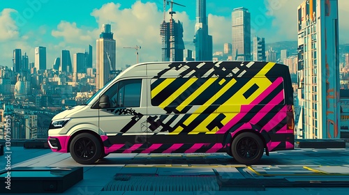 A modern delivery van with vibrant graphics parked against a bustling city skyline backdrop photo